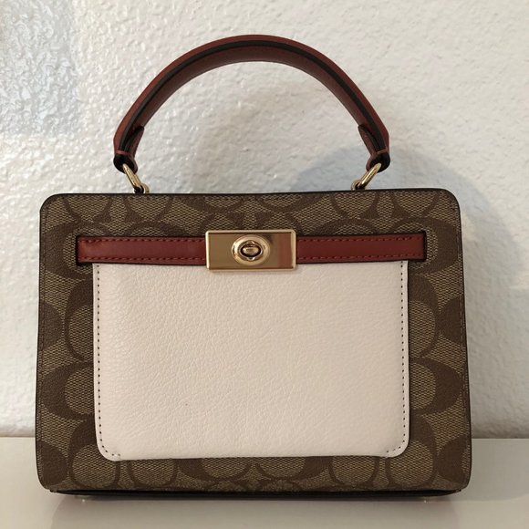 Coach Mini Lane Top Handle in Colorblock Signature Canvas Khaki/Chalk Multi - Picture 1 of 6
